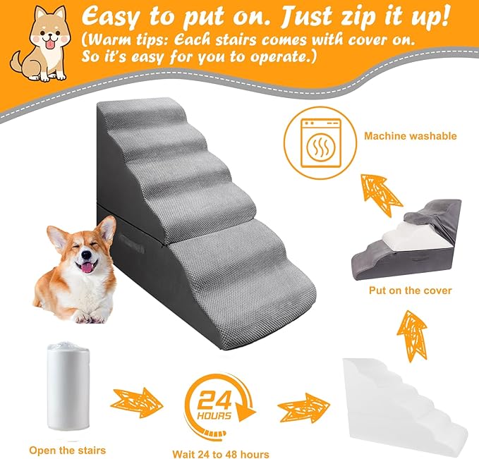 Dog Stairs Steps for 30 Inches Tall High Bed, Pet Dog Ramp Ladder for Small Dogs Injured, Doggie, Old Cats, Kitty, Small Animals(Grey, Up to 29 30 31 32 33 Inch Tall Bed)