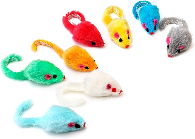 CHIWAVA 60PCS 4.1'' Furry Cat Toy Mice Rattle Small Mouse Kitten Interactive Play Assorted Color