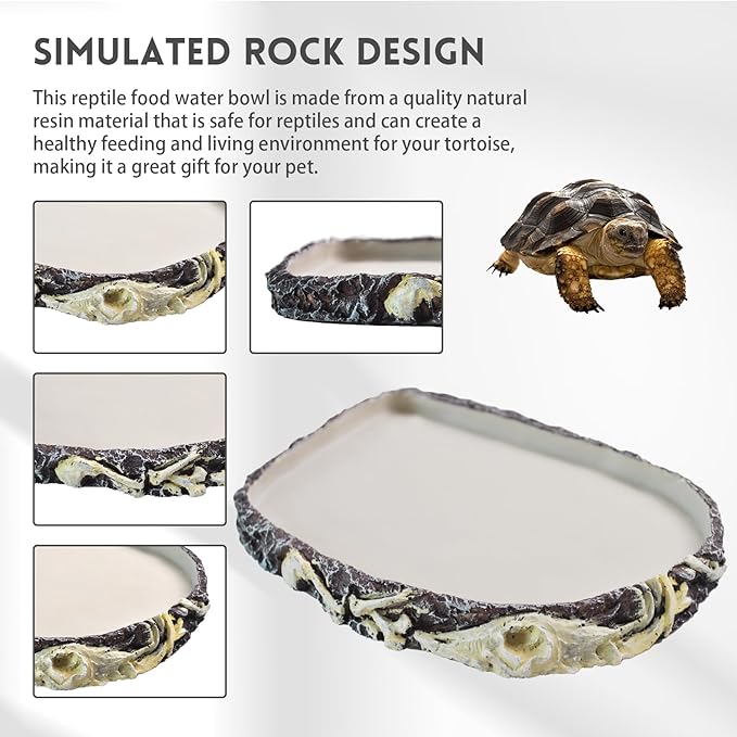 Reptile Water Bowl Food Dish Resin Rock Reptile Feeder Tortoise Food and Water Feeding Plate Amphibian Drinking Basin Reptile Habitat Tank Accessories for Turtle Lizard Leopard Gecko Chameleon