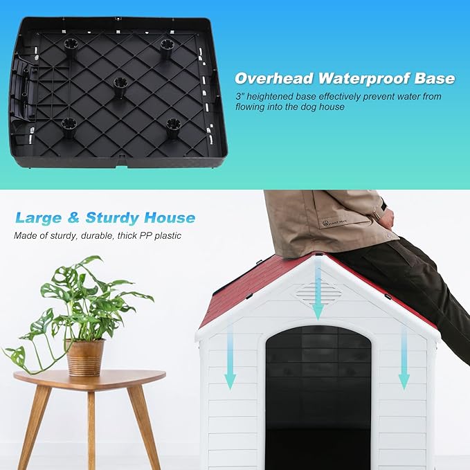 FDW Dog House Indoor Outdoor Durable Ventilate Waterproof Pet Plastic Dog House for Small Medium Large Dogs Insulated Puppy Shelter Kennel Crate with Air Vents and Elevated Floor