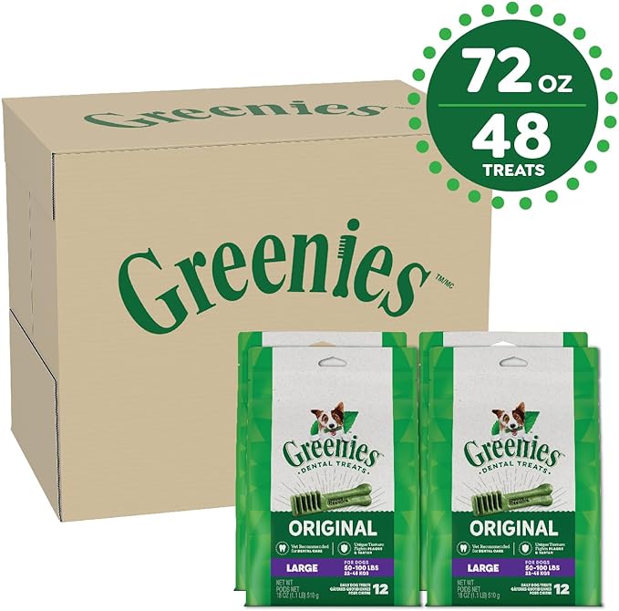 Greenies Original Large Natural Dental Care Dog Treats, 18 Oz. Pack (48 Treats), 12 Count (Pack of 4)