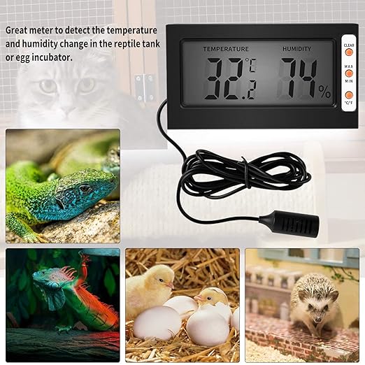 Simple Deluxe Digital Thermometer and Humidity Gauge with Remote Probes for Brooder Reptiles Terrarium, 10 Pack, Black