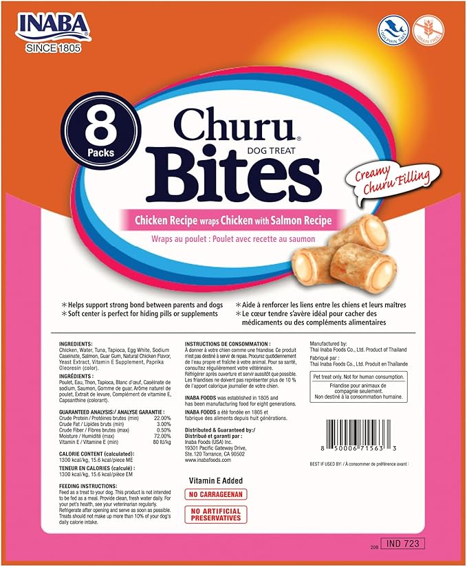 INABA Churu Bites for Dogs, Soft & Chewy Baked Chicken Wrapped Filled Dog Treats with Vitamin E, 0.42 Ounces Each Tube, 64 Tubes (8 per Pack), Chicken with Salmon Recipe