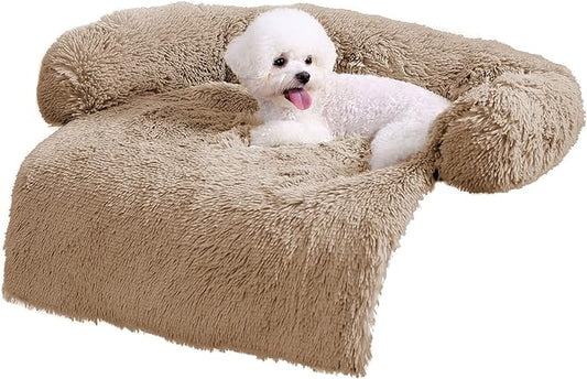 HACHIKITTY Calming Dog Sofa Bed Mat, Washable Plush Couch Cover for Dog, Furniture Protector Pet Sofa Mat for Dogs and Cats, Fluffy Dog Couch Bed with Anti-slip Bottom (37"x 33"x 6", Camel)