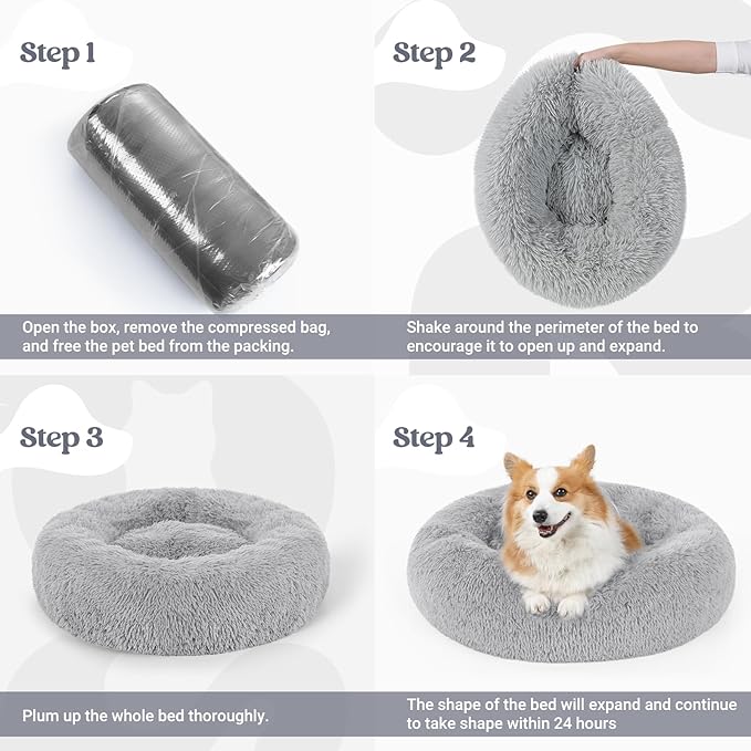 rabbitgoo Calming Dog Bed for Small Medium Dog, 30 inches Pet Bed Machine Washable, Non-Slip Round Fluffy Plush Faux Fur Large Cat Bed, Soft Donut Cuddler Cushion for Small Dog, Light Grey