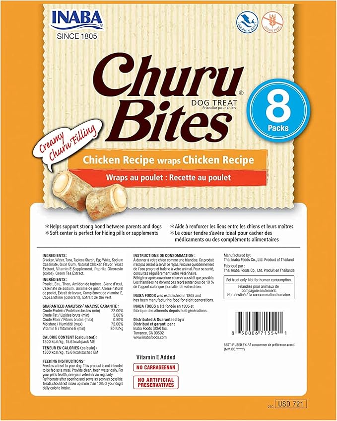 INABA Churu Bites for Dogs, Grain-Free, Soft/Chewy Baked Chicken Wrapped Churu Filled Dog Treats, 0.42 Ounces Each Tube | 24 Tubes Total (8 Tubes per Pack), Chicken Recipe