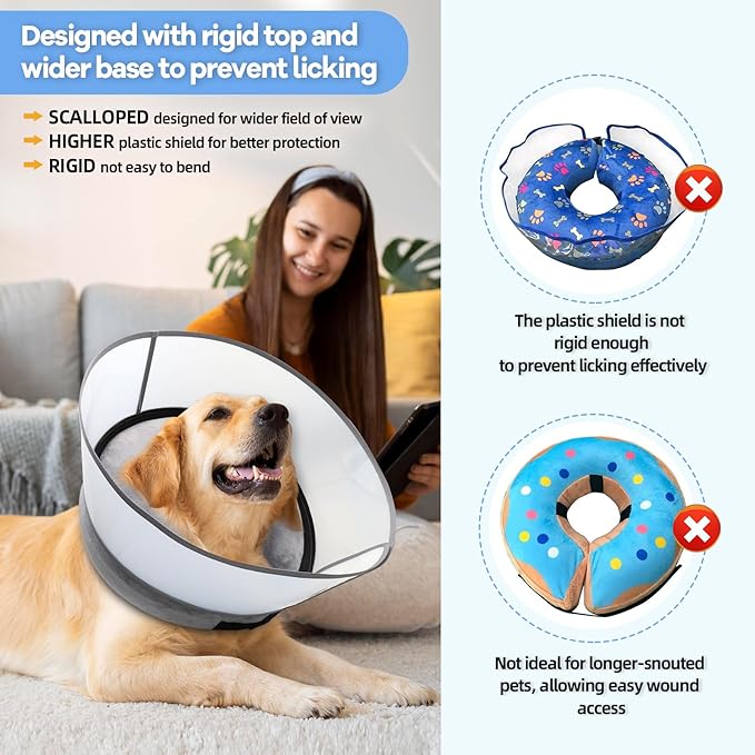 Inflatable Dog Cone Collar, Soft Dog Cone for Dogs after Surgery, 2-in-1 Inflatable Dog Cone with Detachable Anti-licking Shield, Adjustable Dog Cone Collar, Elizabethan Collar (S, Grey)