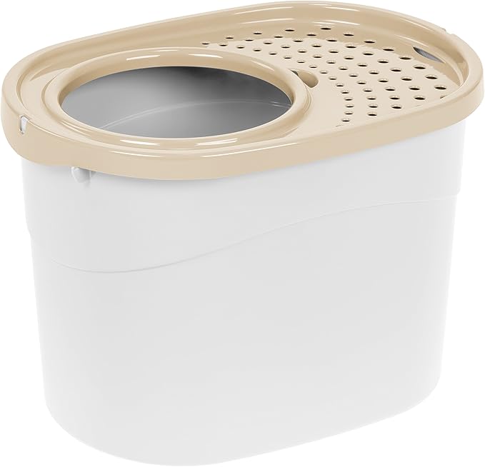 IRIS USA Oval Top Entry Cat Litter Box with Scoop, Kitty Litter Box, Cat Litter Box Enclosure, Large, White/Beige