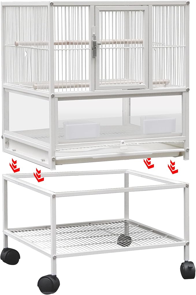 Parakeet Cage Wrought Iron Breeding Flight 30 Inch Height Wrought Iron Bird Cage with Rolling Stand for Conures Lovebirds Cockatiels Finches, White