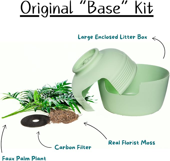 Good Pet Stuff, The Original Hidden Litter Box Base Kit, Round Enclosed Cat Litter Box Planter with Artificial Plants, Vented Carbon Odor Filter System, Florist Moss, Easy to Clean, Seagrass Green