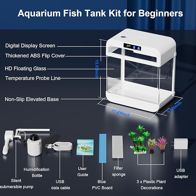 Fish Tank Aquarium 2.2 Gallon with Humidifier 7 Color Looping Light with Timer Self-Cleaning 3 in 1 Water Pump with Filteration & Oxygenation & Circulation, Temperature Display, HD Heat Bending Glass