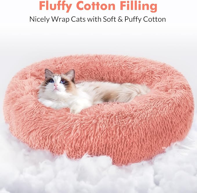 rabbitgoo Cat Beds for Indoor Cats, 24 inches Cat Bed Machine Washable, Fluffy Round Pet Bed Non-Slip, Calming Soft Plush Donut Cuddler Cushion Self Warming for Small Dogs Kittens, Pink, Large