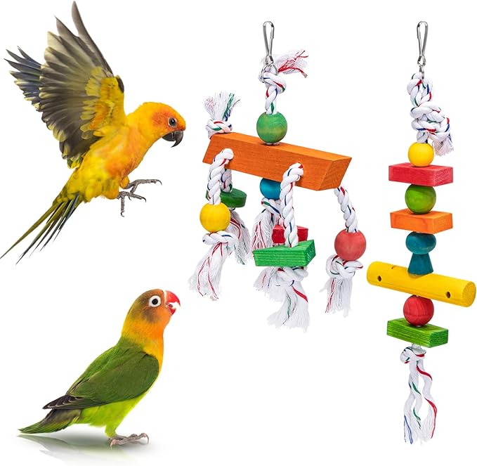 Nobleza Bird Toys, 2 Pack Parrot Chew Toys with Nature Wood Non-Toxic Safe Cotton Rope, Colorful Foraging Toys Bird Cage Accessories for Parrots, Cockatiels, Parakeets, Budgies