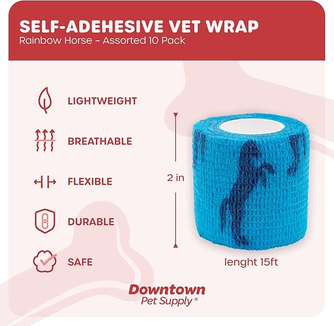 Cohesive Vet Wrap for Dogs, Self Adhesive Bandages in Bulk, Pet Cat Wound Care, Gauss Bandage for Horses by Downtown Pet Supply (Rainbow Horse, 10 Pack)