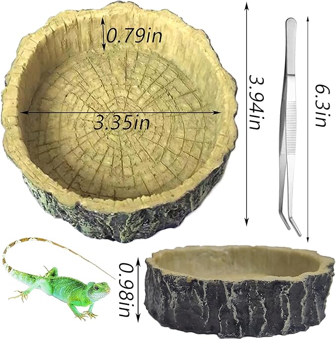 Hamiledyi 3 Pack Reptile Water Dish Food Bowl Set Resin Bearded Dragon Rock Food Feeder Dish Terrarium Bowls with Feeding Tweezers Tong for Leopard Gecko Lizard Frog Snake Chameleon Tortoise