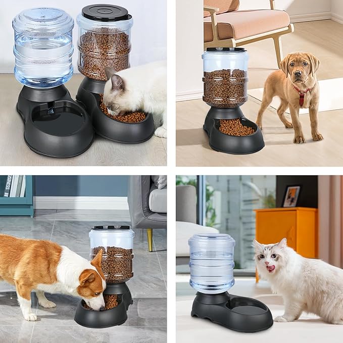 2 Pack Automatic Cat Feeder and Water Dispenser in Set Gravity Food Feeder and Waterer with Pet Food Mat for Small Medium Dog Pets Puppy Kitten Big Capacity 1 Gallon x 2 (2 Pack Jet Black)