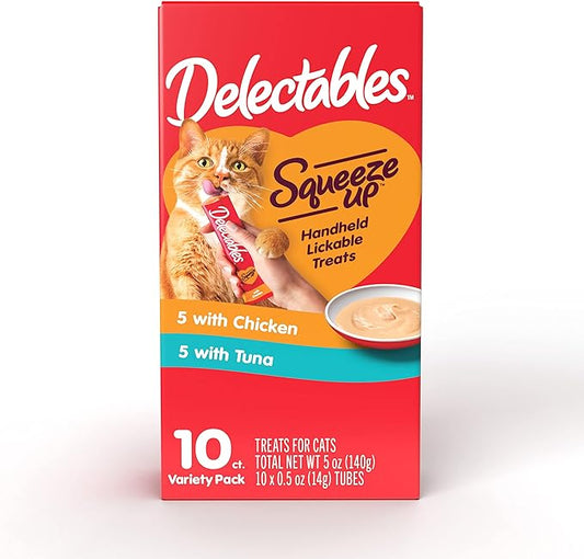 Hartz Delectables Squeeze Up Interactive Lickable Wet Cat Treats for Adult & Senior Cats, Chicken & Tuna, 10 Count,5 oz