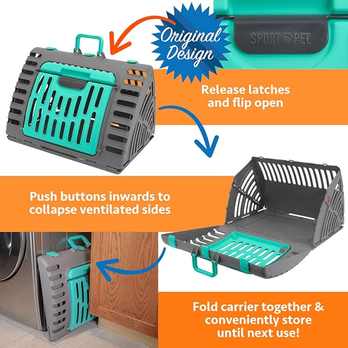 Sport Pet Designs Foldable Travel Cat Carrier - Front Door Plastic Collapsible Carrier Collection, Waterproof Bed