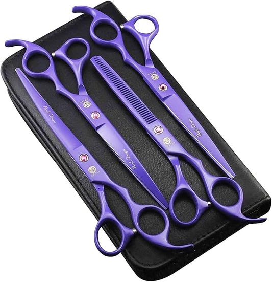 Purple Dragon Professional 7.0 inch 4PCS Pet Grooming Scissors Kit Japan Premium Steel Straight & Curved & Thinning Blade Dog Hair Cutting Shears Set with Case