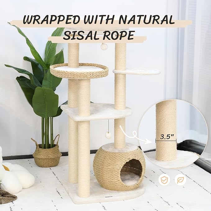 KAMABOKO Modern Cat Tree, 53" Tall Cat Tree for Indoor Cats w/Natural Sisal Scratching Posts, Hand-Woven Condo & Top Perch, Cat Tree for Kittens Climb Play & Rest