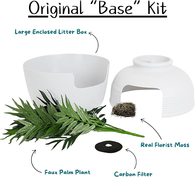 Good Pet Stuff, The Original Hidden Litter Box Base Kit, Round Enclosed Cat Litter Box Planter with Artificial Plants, Vented Carbon Odor Filter System, Florist Moss, Easy to Clean, White Birch