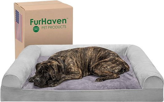 Furhaven Orthopedic Dog Bed for Large Dogs w/ Removable Bolsters & Washable Cover, For Dogs Up to 125 lbs - Faux Fur & Velvet Sofa - Smoke Gray, Jumbo Plus/XXL