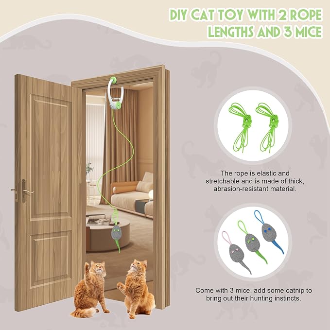 Cat Toy Interactive for Indoor Cats, Smart USB Rechargeable Door Hanging Automatic Retractable Kitten Toys, Teaser Electronic Self Play Feather Cat String Toys Attached with 3 Catnip Mice Green