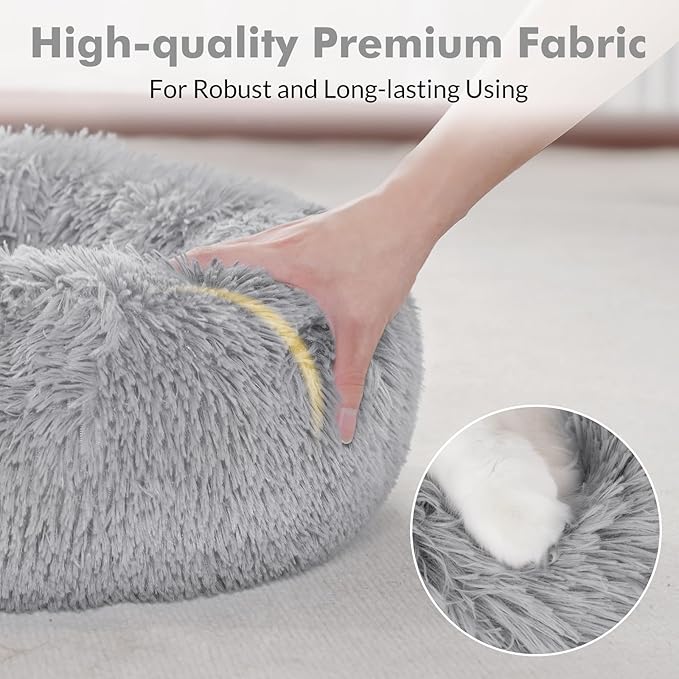 rabbitgoo Cat Beds for Indoor Cats, 24 inches Cat Bed Machine Washable, Fluffy Round Pet Bed Non-Slip, Calming Soft Plush Donut Cuddler Cushion Self Warming for Small Dogs Kittens, Light Grey, Large