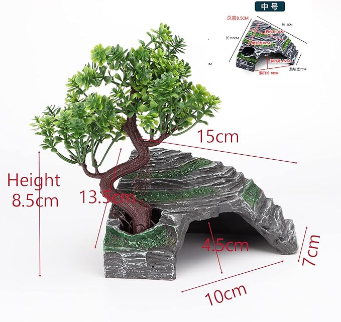 Reptile Simulation Rock Hide-Resin Amphibian Hideouts Cave Size 3.94'' x 1.77'' with Plastic Tree 7.87'',Habitat for Bearded Dragon Turtles Lizards Snakes Crab Gecko Leopard Spider Fish