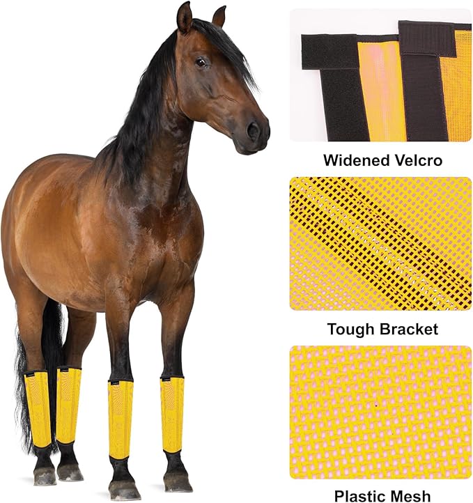 Horse Fly Boots, Adjustable Fly Boots for Horses Set of 4, Comfortable Horse Leggings, Breathable Plastic Mesh Material, Horse Supplies for Reduces Stress & Leg Fatigue (Yellow)