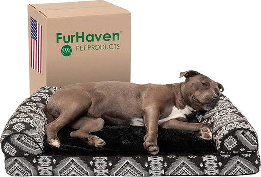 Furhaven Orthopedic Dog Bed for Large/Medium Dogs w/ Removable Bolsters & Washable Cover, For Dogs Up to 55 lbs - Plush & Southwest Kilim Woven Decor Sofa - Black Medallion, Large