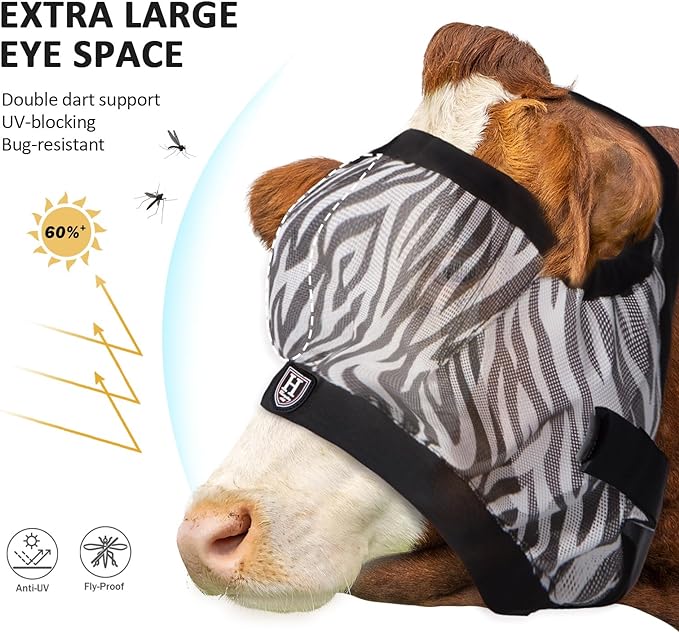 Harrison Howard Cattle Livestock Fly Mask Breathable Mesh Padded Edging with Fun Patterns Large Spacing Forelock Opening Design Adjustable Fit for Cattle Zebra