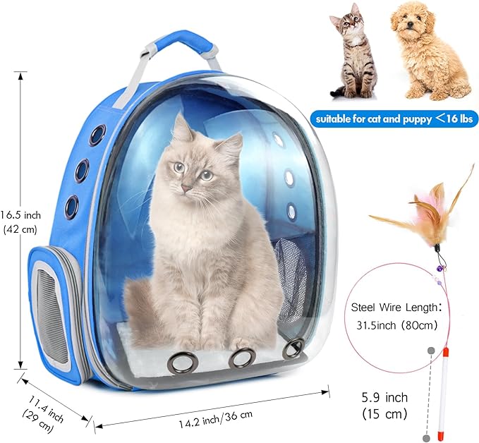 Cat Backpack,Pet Bubble Backpack Carrier with Cat Wand Feather Toy,Large Portable Ventilated Transparent Carry Backpack for Cat & Small Dog,Airline Approved Kitten Carrier Bag for Hiking Outdoor