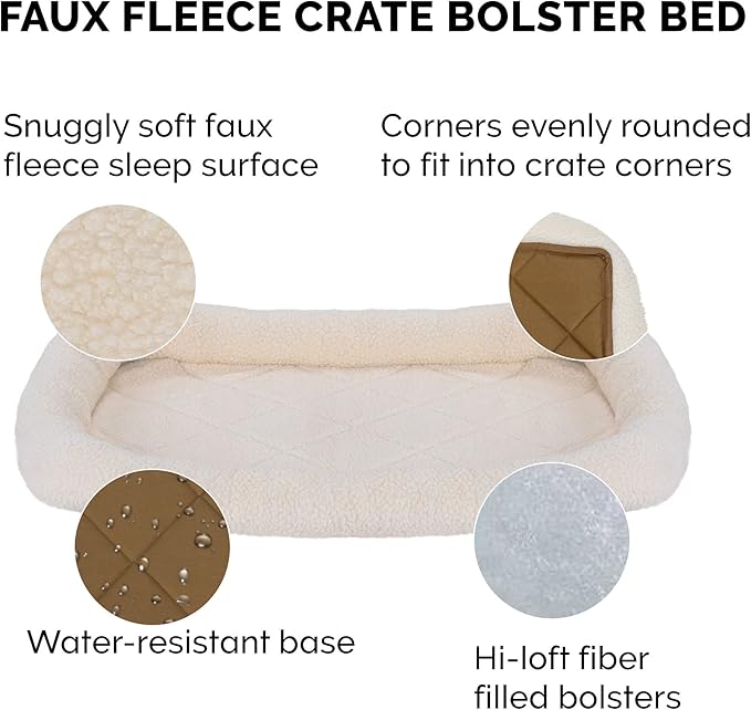 Furhaven Dog Bed for Small Dogs & Indoor Cats, 100% Washable, Sized to Fit Crates - Sherpa Fleece Bolster Crate Pad - Cream, Small