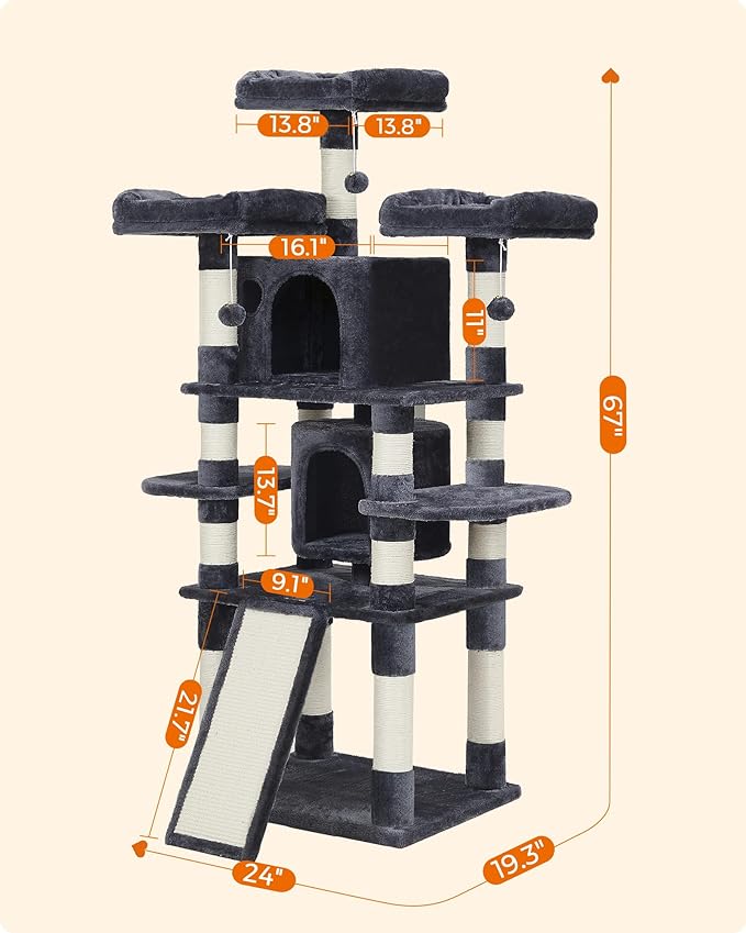 FEANDREA 67-Inch Multi-Level Cat Tree for Large Cats, with Cozy Perches, Stable, Smoky Gray UPCT18G