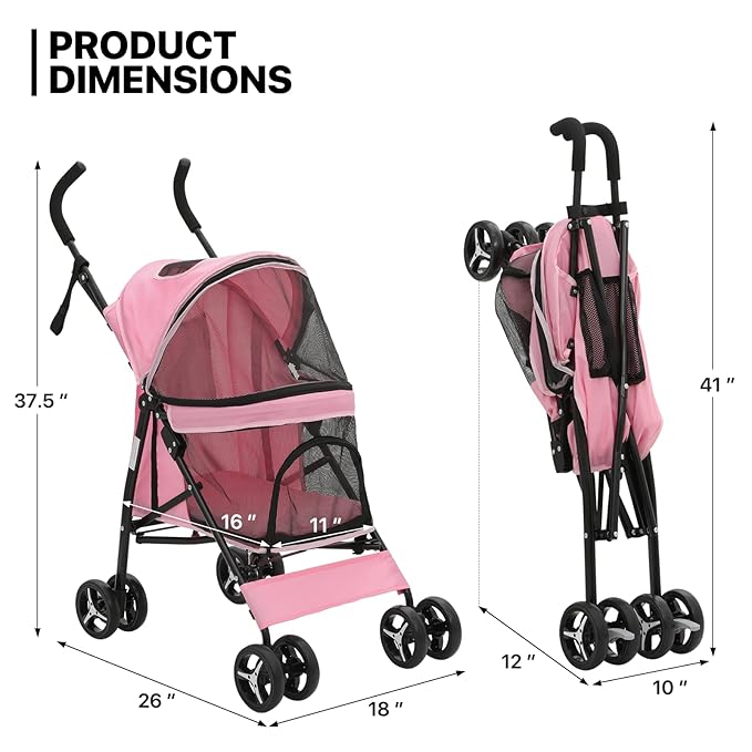 MoNiBloom 4 Wheels Pet Stroller, Easy-Fold Puppy Cage Jogger Stroller with Sun Cover, Pad and Rear Storage Bag, Breathable and Visible Mesh for Small/Medium Pets up to 22 lbs, Pink