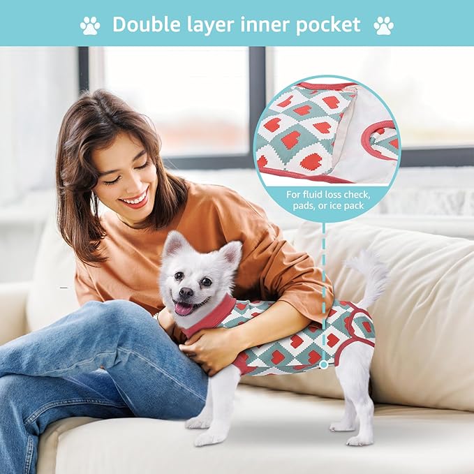 Recovery Suit for Dogs, Dog Recovery Suit Male Female Post Spay, Neuter, Abdominal Surgery Recovery Suit with an Inner Layer Pocket, Prevent Licking Soft Breathable Cotton, Red, S
