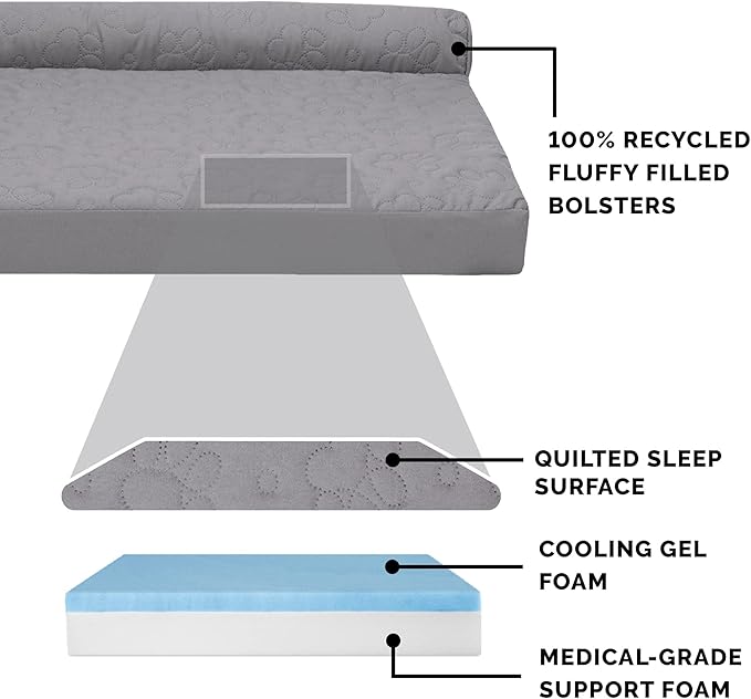 Furhaven Cooling Gel Dog Bed for Large Dogs w/ Removable Bolsters & Washable Cover, For Dogs Up to 95 lbs - Pinsonic Quilted Paw L Shaped Chaise - Titanium, Jumbo/XL