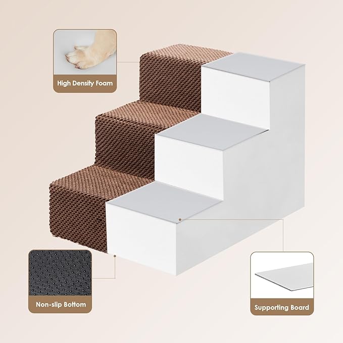 EHEYCIGA Dog Stairs for Small Dogs 13.5" H, 3-Step Dog Steps for Couch Sofa and Chair, Pet Steps for Small Dogs and Cats, Non-Slip Balanced Dog Indoor Ramp, Brown