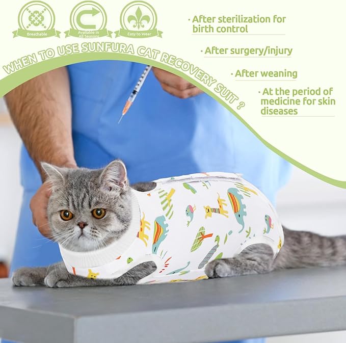 SUNFURA Cat Recovery Suit, Kitten Surgical Full Bodysuit for Abdominal Wound Protector Anti Licking After Surgery, Professional Bandages Cone E-Collar Alternative for Small Male & Female Pets