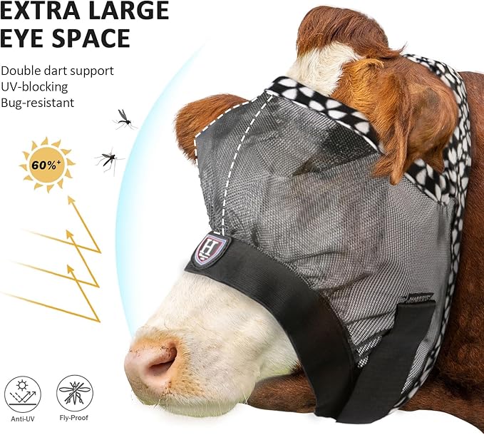 Harrison Howard Cattle Livestock Fly Mask Breathable Mesh Padded Edging with Fun Patterns Large Spacing Forelock Opening Design Adjustable Fit for Cattle Deep Grey