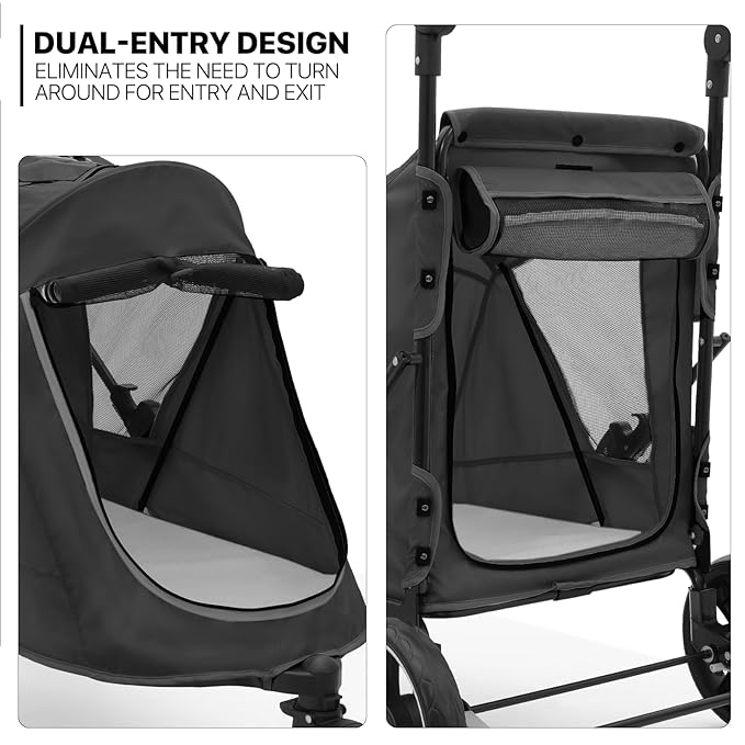 MoNiBloom Pet Stroller for Large Dogs or Multiple Dogs Cats with Adjustable Handle, 3-Wheels Dual Entry Portable Dog Carting Easy Folding Pet Wagon Double Dog Stroller up to 55 lbs, Black