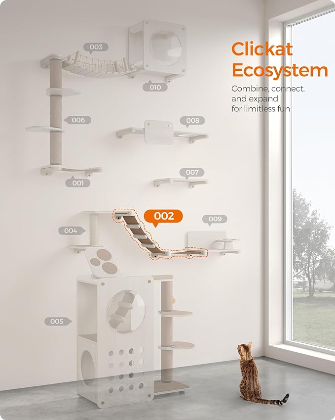 Feandrea Clickat Collection - No.002 Cat Climbing Hammock, Wall-Mounted Cat Bed with Stairs, Cat Wall Perch, Extremely Quick Assembly, Unlimited Expandability, Replaceable Washable Fabric