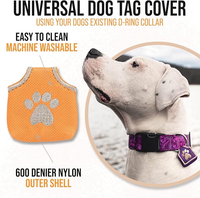 Dog Tag Silencer, Orange Pawprint - Quiet Noisy Pet Tags - Fits Up to Four Pet IDs - Dog Tag Cover Protects Metal Pet IDs, Made of Durable Nylon, Universal Fit, Machine Washable