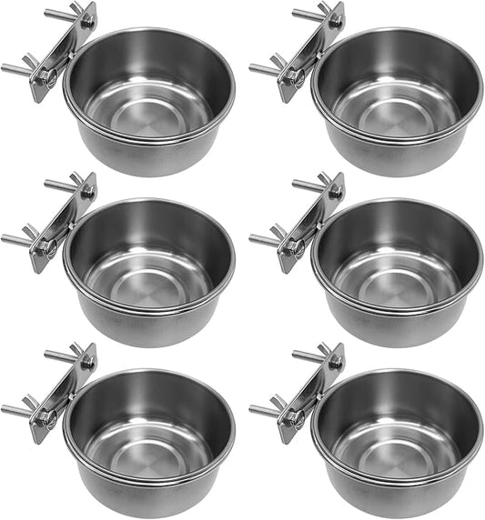 Tfwadmx 6 Pcs Stainless Steel Bird Bowls with Clamp,Clamp Holder Coop Cup,Bird Dishes for Cage, Bird Cage Water Bowl for Cockatiels Lovebird Budgie Chinchilla