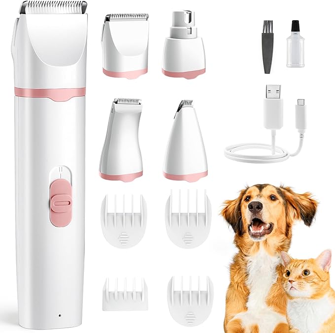 Dogs Hair Clippers Grooming Kit with Nail Grinder, 4 in 1 Cordless Electric Trimmer Low Noise USB Pet Clippers for Dogs Cat,Grooming Paws, Eyes, Ears, Face,Matted Hair