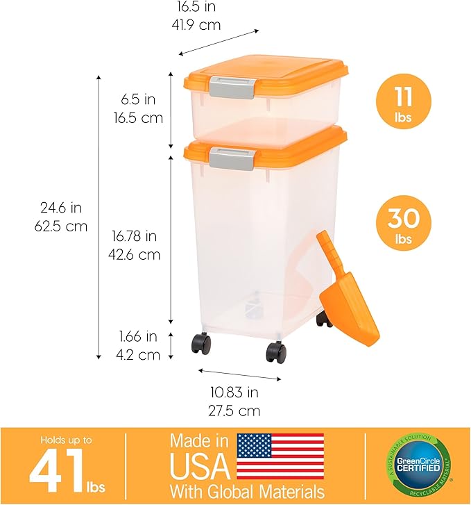 IRIS USA 30 lbs & 11 lbs Combo Airtight Dog Food Storage Container, Stackable Treat Box, 2-Cup Scoop, Wheels, Keep Fresh, Easy Mobility, Orange