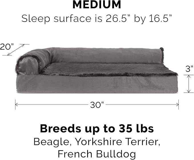 Furhaven Memory Foam Dog Bed for Medium/Small Dogs w/ Removable Bolsters & Washable Cover, For Dogs Up to 35 lbs - Plush & Velvet L Shaped Chaise - Platinum Gray, Medium