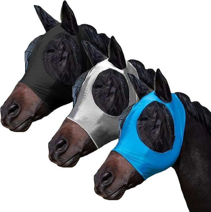 3 Pcs Horse Fly Mask-Fly Masks for Horses with Ears, Breathable Elastic Fabric for Sun Protection for Large/Medium Size Adult Horses (Blue-Black-Gray, Large)