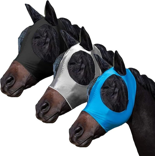 3 Pcs Horse Fly Mask-Fly Masks for Horses with Ears, Breathable Elastic Fabric for Sun Protection for Large/Medium Size Adult Horses (Blue-Black-Gray, Large)
